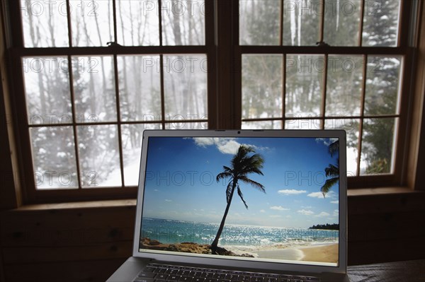Tropical scene on laptop screen during winter