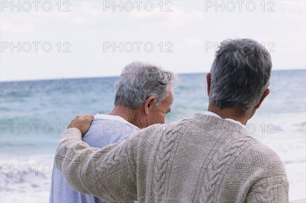 Caucasian father and son walking on beach