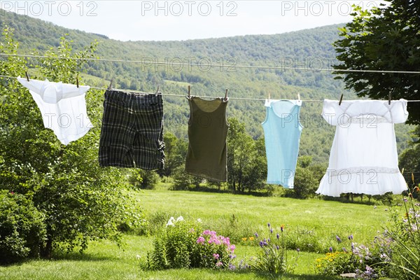 Clothesline in rural backyard