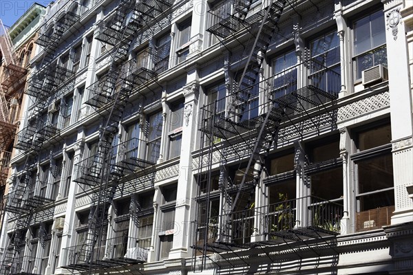 Fire escapes along urban building