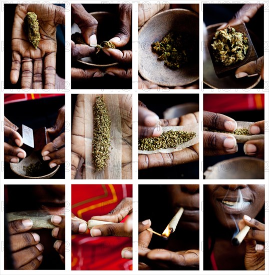 Black man rolling marijuana cigarette