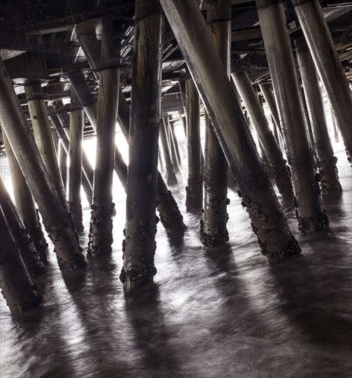 Wooden pillars of boardwalk in waves