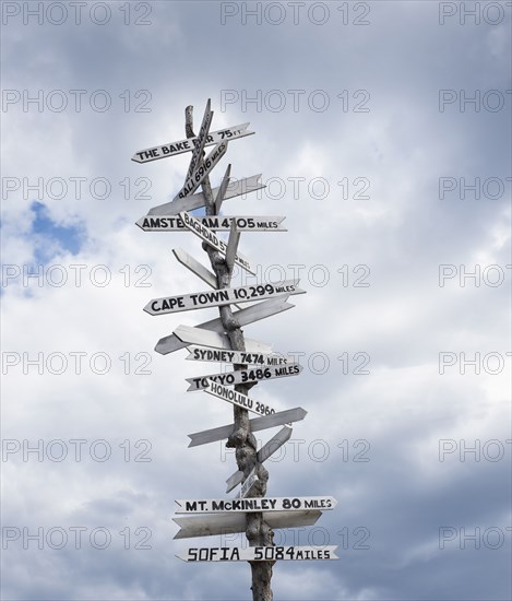 Low angle view of sign post against cloudy sky