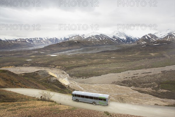 High angle view of tour bus in rural landscape