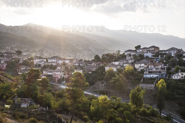 Aerial view of village in rural landscape