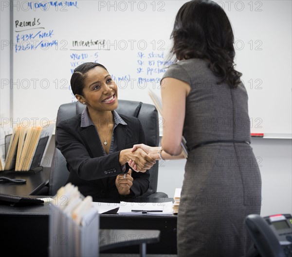 Businesswomen shaking hands in office