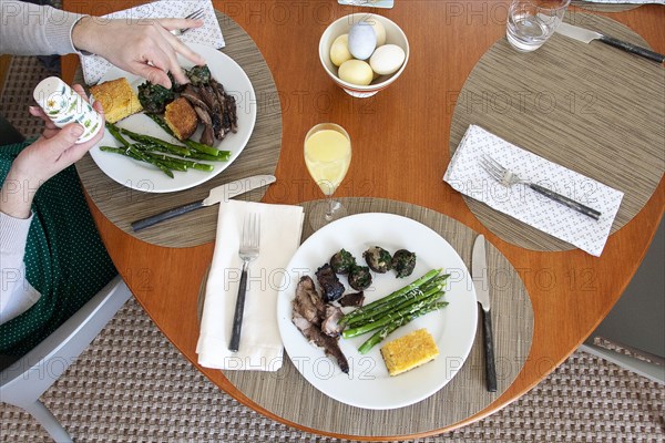 High angle view of dinner table