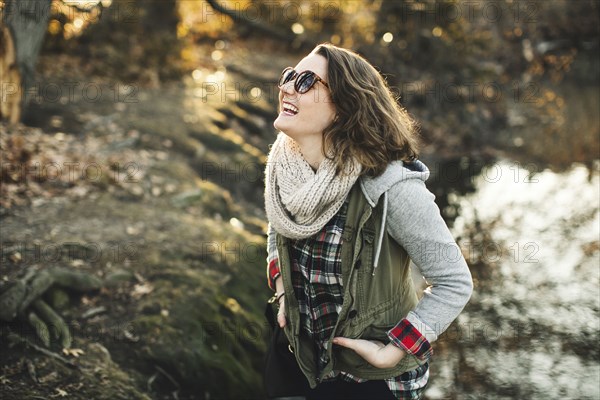 Caucasian woman walking in park