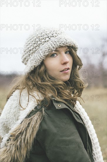 Caucasian woman wearing knitted cap