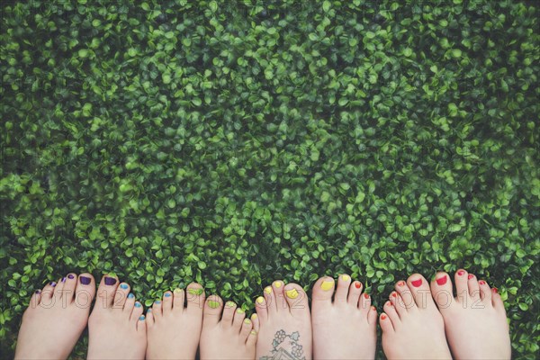 Close up of painted toenails or girls in grass