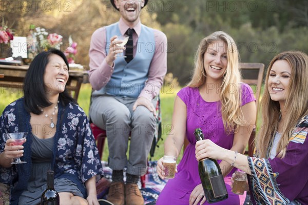 Friends drinking champagne at picnic in park