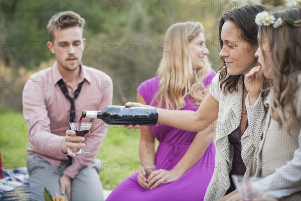 Friends drinking wine at picnic in park