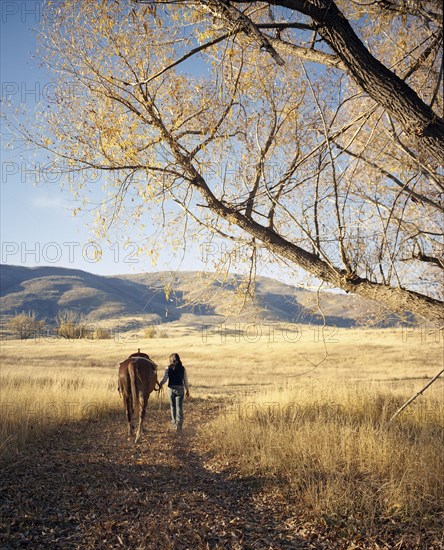 Woman leading horse on dirt path