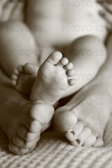 Close up of bare feet of mother and baby