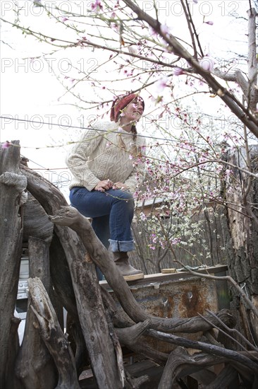 Woman climbing bare tree branches
