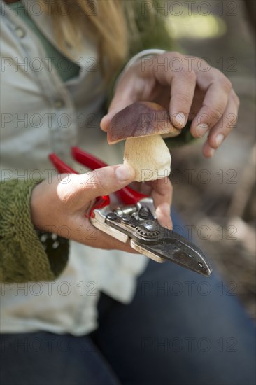 Close up of woman examining mushroom