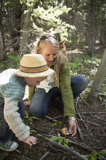 Mother and son foraging for mushrooms in forest