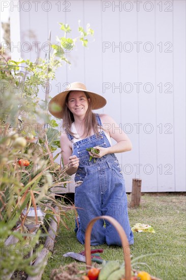 Mixed race farmer gathering vegetables in garden