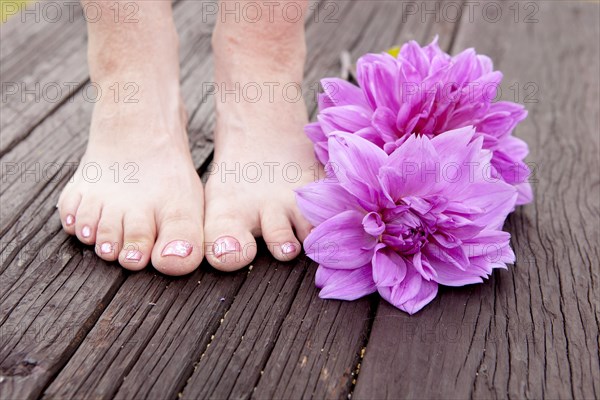 Close up of feet of mixed race woman and dahlia flowers