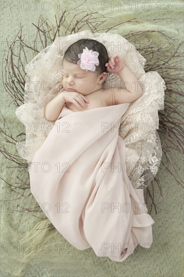 Caucasian baby girl laying in nest