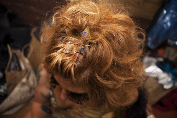 Close up of pins in hair of woman