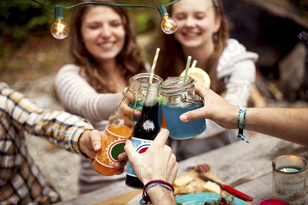 Friends toasting with soda at picnic table