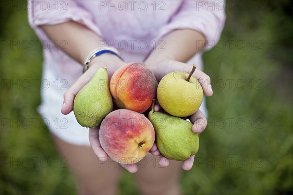 Close up of woman holding fresh picked fruit