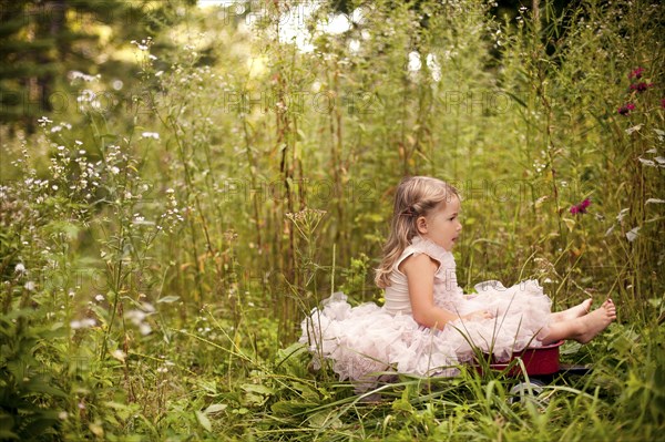 Girl in frilly dress sitting in tall flowers