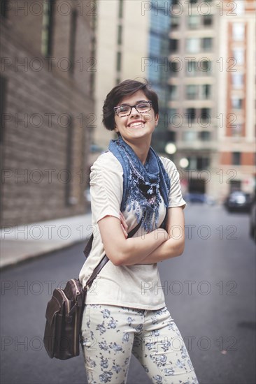 Caucasian woman walking in city