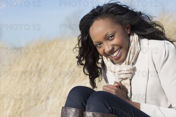 Close up of woman smiling on beach