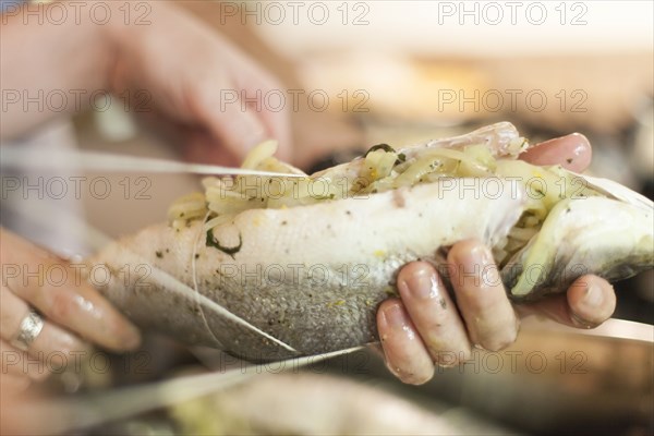 Close up of people tying stuffed fish with string