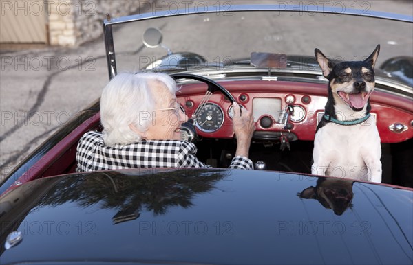 Older woman driving convertible with dog