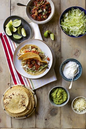 High angle view of fresh taco ingredients