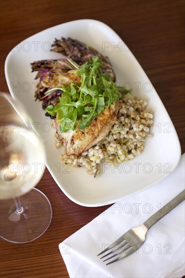 Close up of plate of fish dinner with white wine