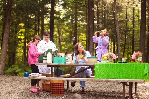 Three generations of Caucasian women cooking at picnic table