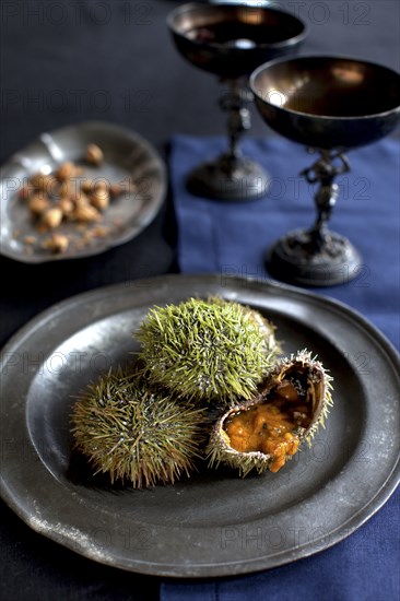 Plate of sea hedgehog on table