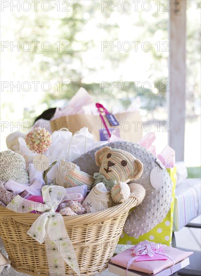 Baskets of toys for baby shower