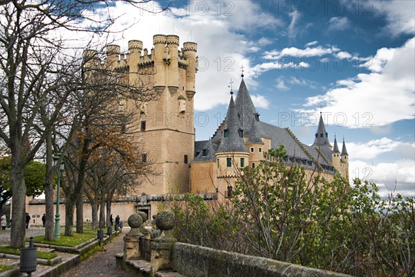 Ornate castle tower and spires with courtyard