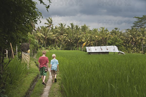 Caucasian boys walking on grass road near farm fields