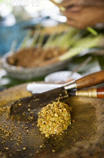 Close up of chopped food on kitchen counter