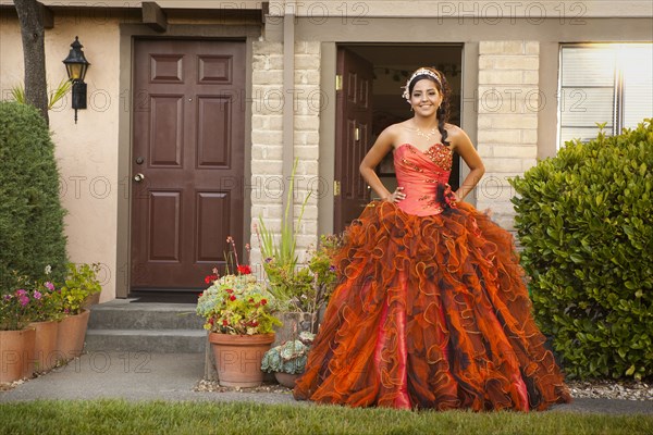 Hispanic teenager dressed for quinceanera