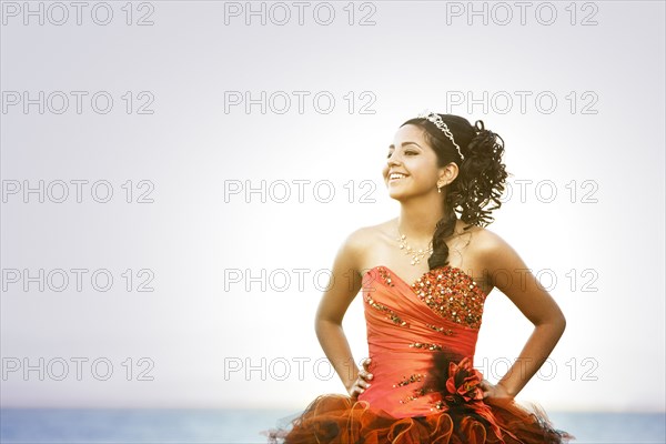 Hispanic teenager dressed for quinceanera