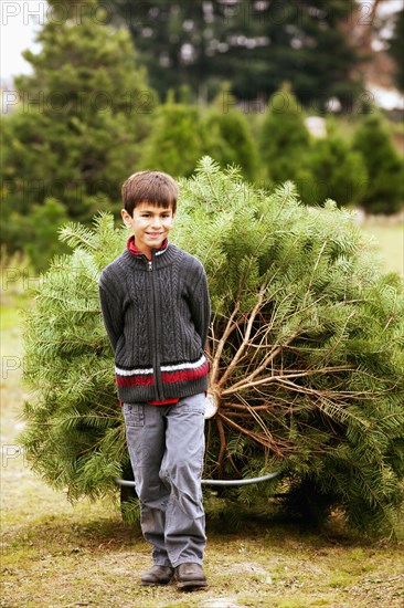 Mixed race boy pulling tree behind him