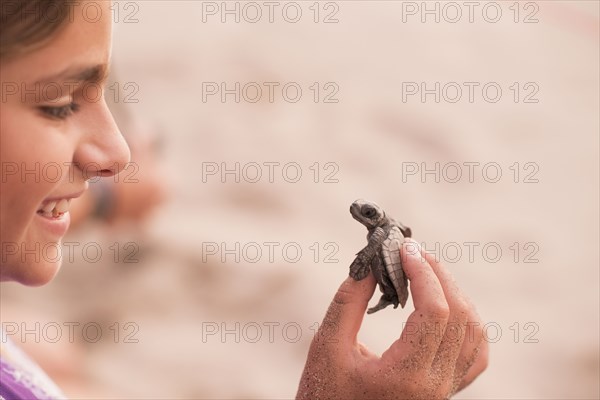 Mixed race girl examining small turtle