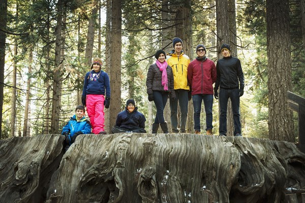 Family standing on enormous stump in forest