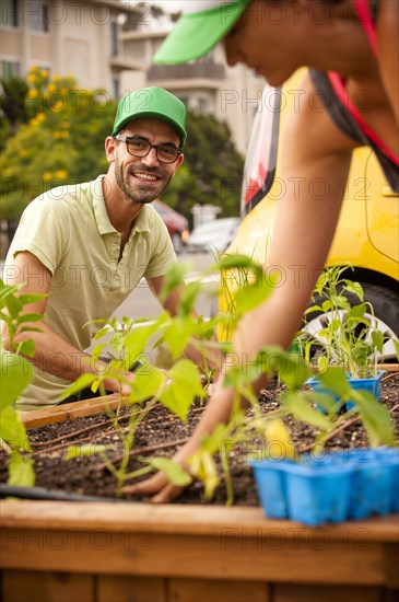 Hispanic couple planting in raised garden