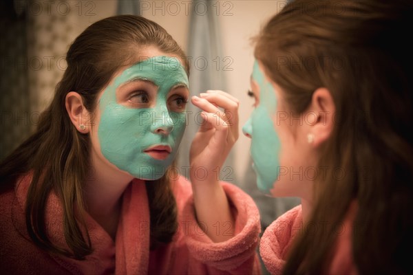 Caucasian girl applying facial mask in mirror