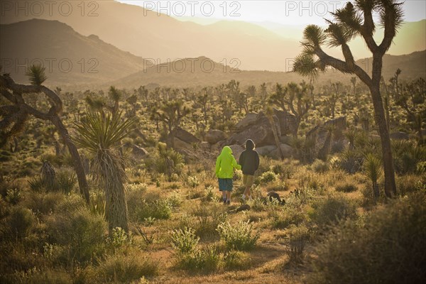 Distant boys walking in desert