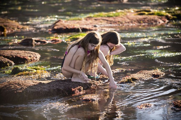 Crouching Caucasian girls exploring tide pools