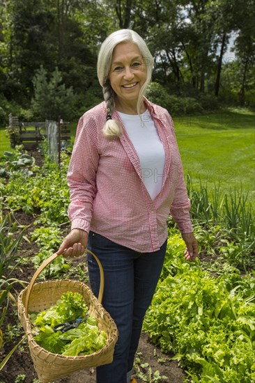 Caucasian woman picking vegetables in garden